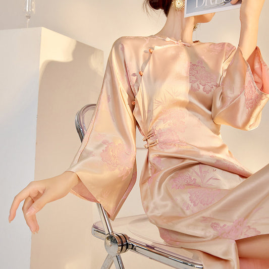 New Chinese style printing design sense split silk cheongsam dress popular new slim dress M6101