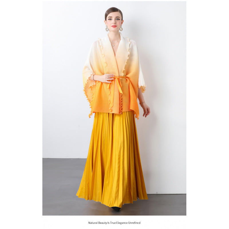 Fashion suit women's clothing strap waist gradual change color pleated cardigan top high waist pleated skirt two sets