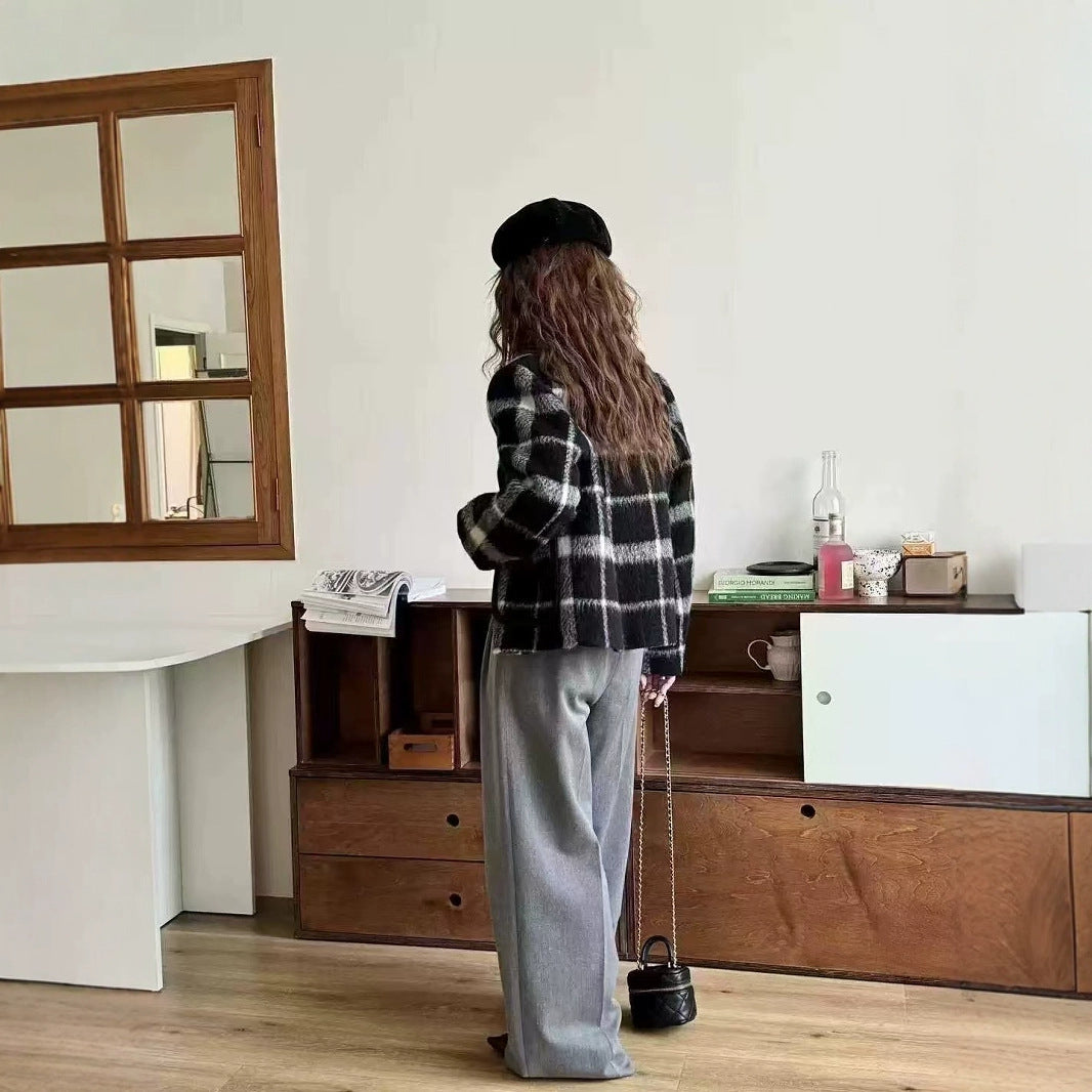 2025 Black and white grid small fragrant style round neck single-breasted front shoulder short double-sided nylon wool coat woolen coat women's 25 spring