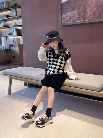 flowersverse Children's Retro Daddy Shoes  Spring and Autumn New Boys 'And Girls' Sneakers Korean Style Fashion Colorblock Plaid Casual Shoes