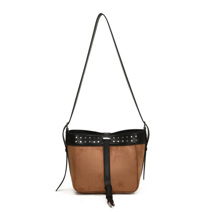 FLOWERSVERSE 2025 Cross-border bag women's new matte leather fleece bucket bag punk style rivet decoration women's shoulder bag messenger bag