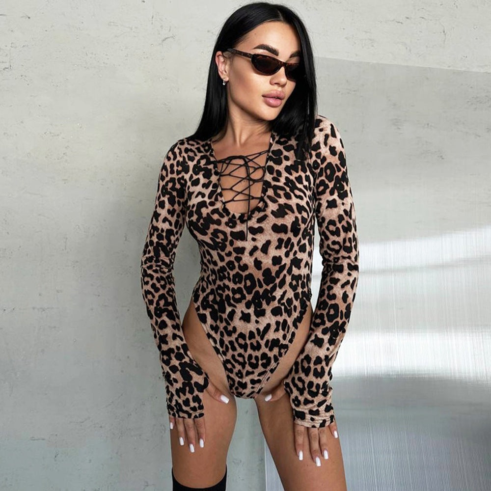 Popular, ,  New women's clothing popular autumn hot-selling tether V-neck fashion leopard print long-sleeved onesie
