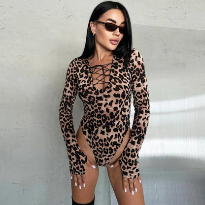Popular, ,  New women's clothing popular autumn hot-selling tether V-neck fashion leopard print long-sleeved onesie