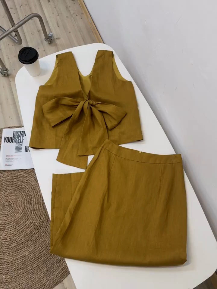 2025 Turmeric linen design back V-neck bow strap-on sleeveless vest top skirt set summer