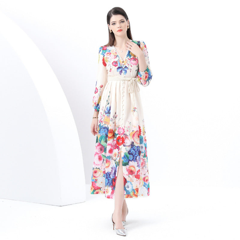 Popular style dress women's court style retro elegant lantern sleeves waist single-breasted split-ended printed long dress