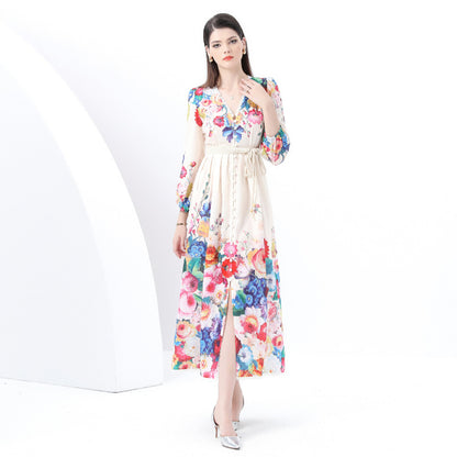 Popular style dress women's court style retro elegant lantern sleeves waist single-breasted split-ended printed long dress