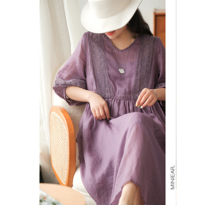 Comfortable and stylish simple seven-quarter-sleeved literary lace-up dress  summer temperament V-neck small fresh dress