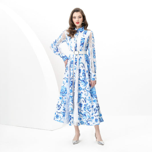 early spring - holiday tailor-made splicing waist wide pendulum printed lace long dress