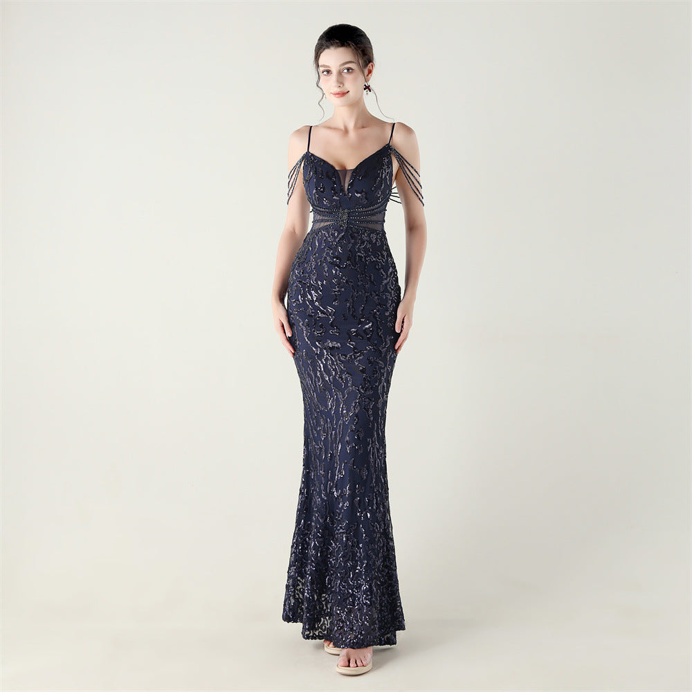 33396 # new heavy industry beaded mid-waist beaded fishtail evening dress, red carpet wedding banquet dress