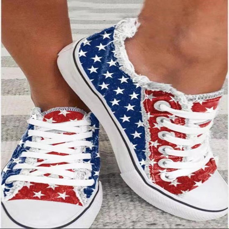 flowersverseWish Spring and Autumn Single-Layer Shoes Korean Style Denim Canvas Shoes Low-Top Lace-up Casual plus Size Women's Shoes Flat Student Shoes