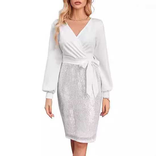 FLOWERSVERSE 2025New   Black Gold Double Spell Solid Color Temperament Commuter High Waist Fashion Sequin Dress