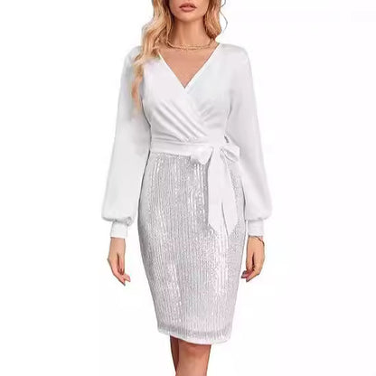 FLOWERSVERSE 2025New   Black Gold Double Spell Solid Color Temperament Commuter High Waist Fashion Sequin Dress