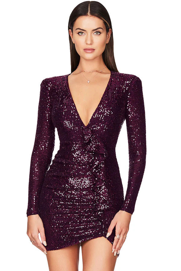 FLOWERSVERSE 2025New New Sequin Mini Wrap Dress Women's V-Neck Long Sleeve Bubble Sleeve Glitter Wrap Party Outfit