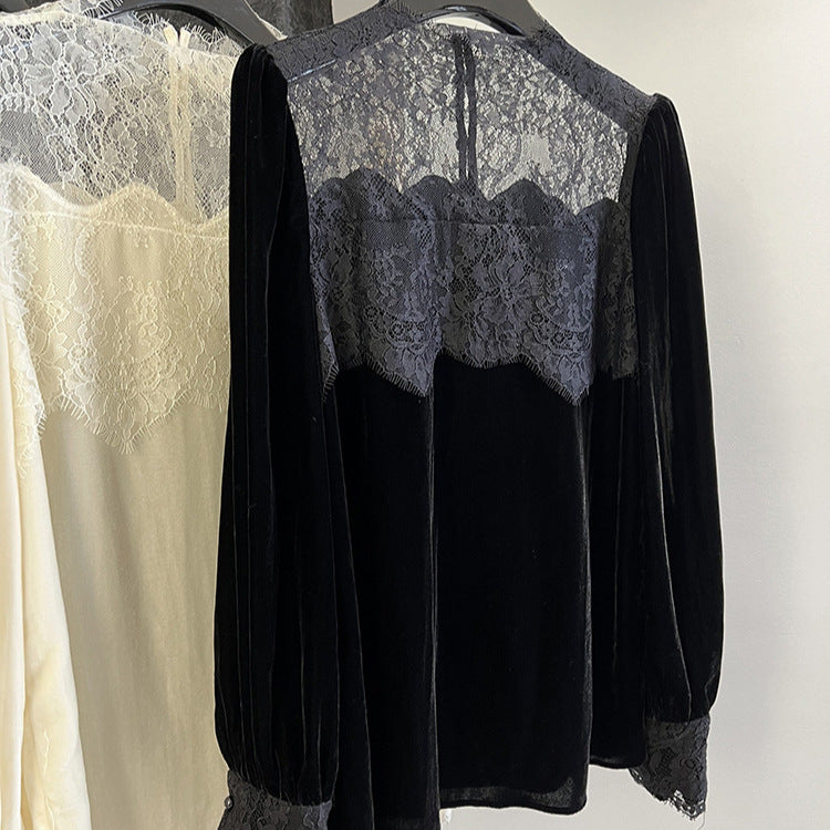 2025 early spring heavy industry lace splicing,  light luxury silk velvet lantern sleeve with a single shirt inside