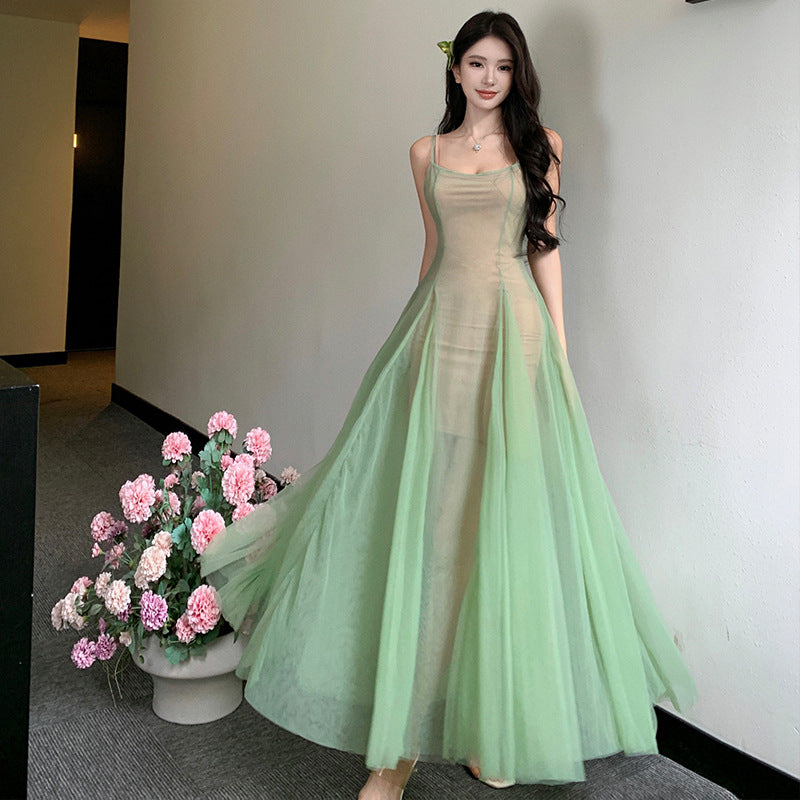 2025 atmosphere super good-looking suspender dress women's summer gentle wind waist thin mesh a word fairy dress