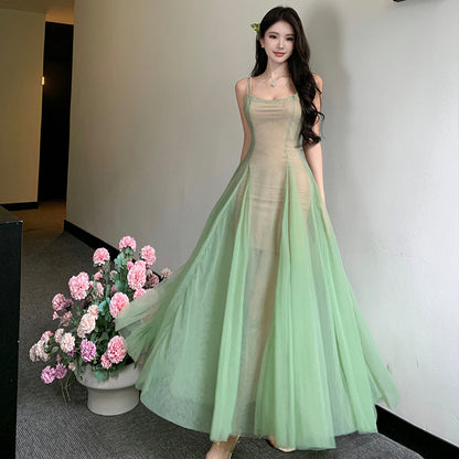 2025 atmosphere super good-looking suspender dress women's summer gentle wind waist thin mesh a word fairy dress