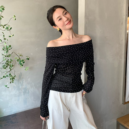 2025 spring and summer new retro polka dot simple temperament one-word neck long-sleeved shirt women's top 89288