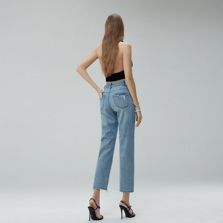 2025 Spring new long-staple cotton elastic jeans high waist, thin and high nine-point pants anti-wrinkle and non-fading women's denim