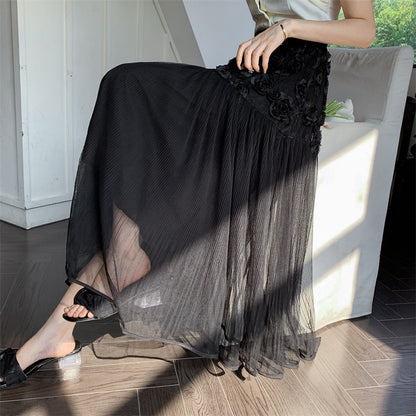 2025 fashion versatile three-dimensional flower mesh skirt women's spring wear high waist thin small long skirt
