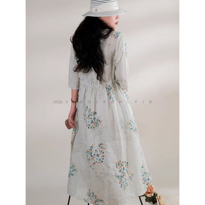 Literary and retro small floral cotton and linen dress for women's  new loose and thin drawstring waist holiday dress