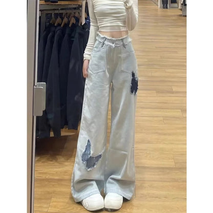 flowersverse Light Blue Rough Edges Butterfly Straight Jeans Women's Autumn New Embroidery Design Sense High Waist Loose and Slimming Wide Leg Pants