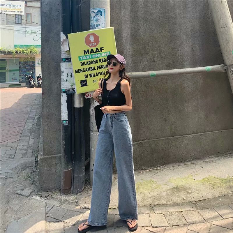 flowersverse Women's Wide-Leg Jeans Loose  Autumn and Winter New Hong Kong Style Retro High Waist Drooping Chic Straight Mopping Pants