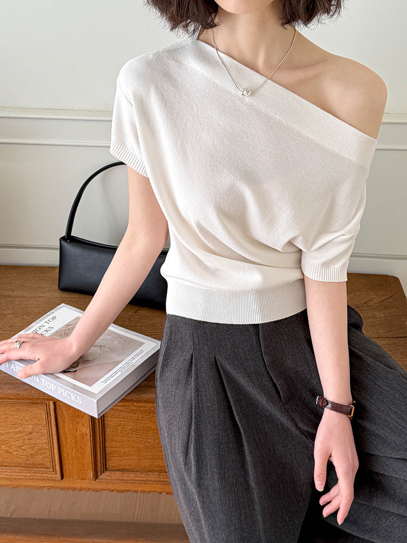 2025  Spring New Korean Loose Lazy Slack One-word Shoulder Slash Shoulder Top Knitted Sweater Women 166