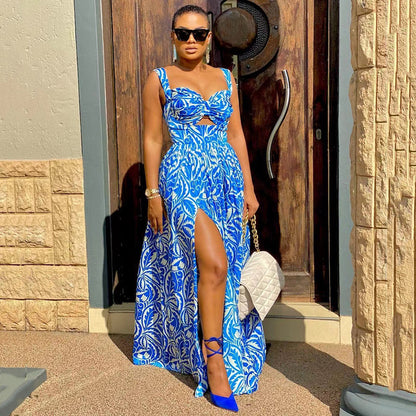 S9307  New summer new  women's clothing fashionable and sexy dress suspender printing split-ended long dress