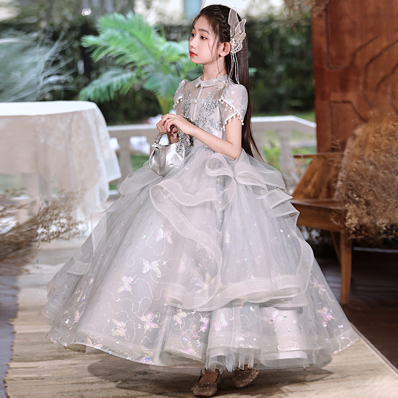 flowersverse Girls' Dress Light Luxury Minority High-End Ten Years Old Birthday Girl Princess Dress Children's Host Western Style Piano Performance