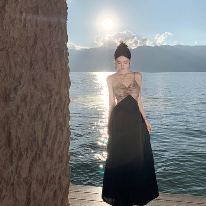 2025 holiday style tie-dye v-neck suspender dress women's summer sexy backless splicing a word beach temperament long dress