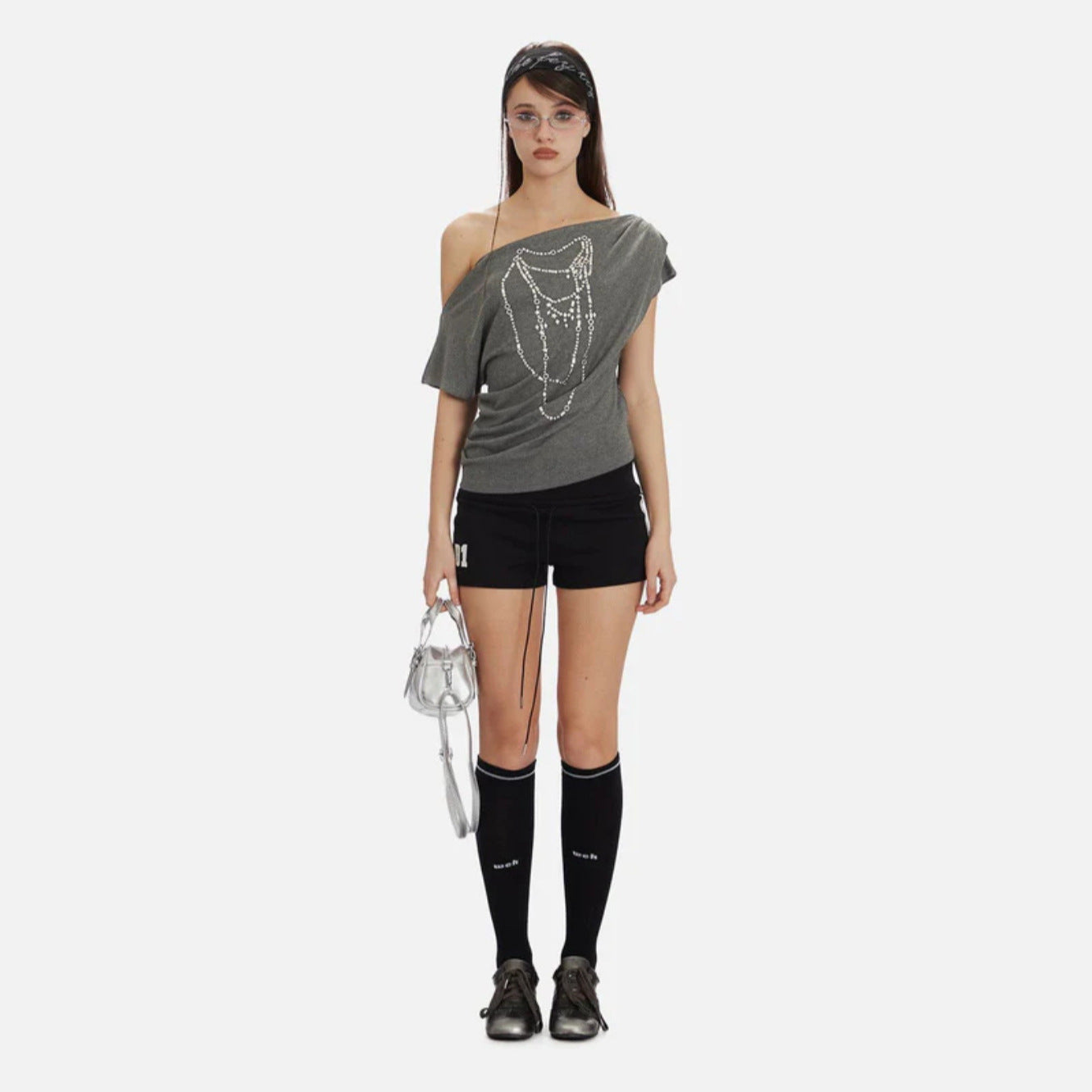 spring new slanted shoulder pure desire style Spice Girl gray T-shirt women's loose heavy industry metal decorative top New