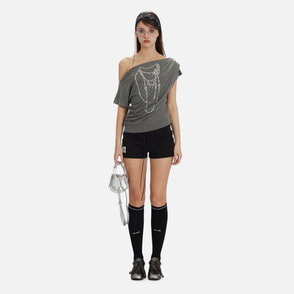 spring new slanted shoulder pure desire style Spice Girl gray T-shirt women's loose heavy industry metal decorative top New