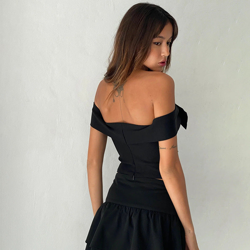 FLOWERSVERSE Autumn popular new women's clothing 2025 style fashion temperament sexy slim bow shoulder T-shirt top women