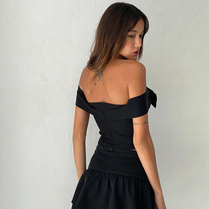 FLOWERSVERSE Autumn popular new women's clothing 2025 style fashion temperament sexy slim bow shoulder T-shirt top women