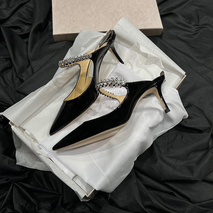 flowersverse  JC Rhinestone High Heel Shoes  New  Style One Strap Fashionable All-Match Casual Pointed Luxury Genuine Leather Wedding Shoes for Women