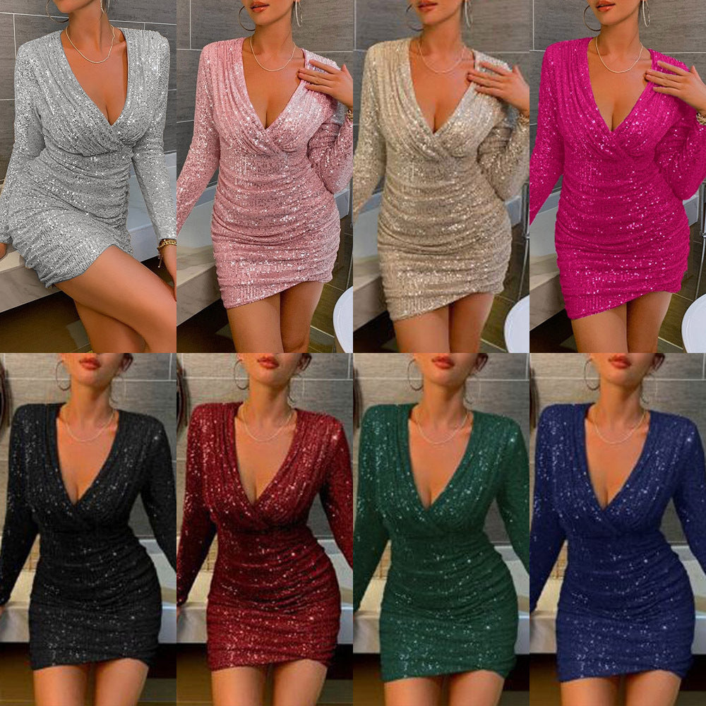 autumn and winter new  women's clothing sexy v-neck hip skirt fashion sequin dress dress women