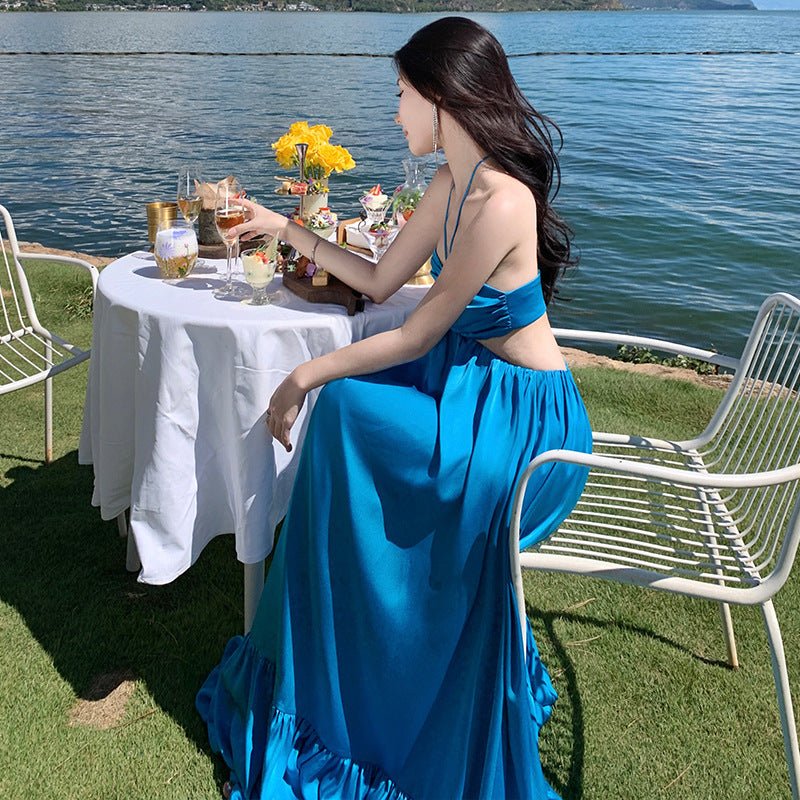 2025 white neck halter suspender dress temperament bohemian long dress Thai seaside vacation beach dress