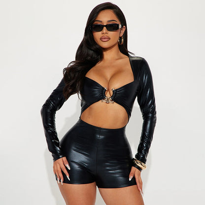 Hot Trade Women's Leather Metal Ring Jumpsuit Shorts Locomotive Hollow Navel Sexy Long Sleeve Jumpsuit