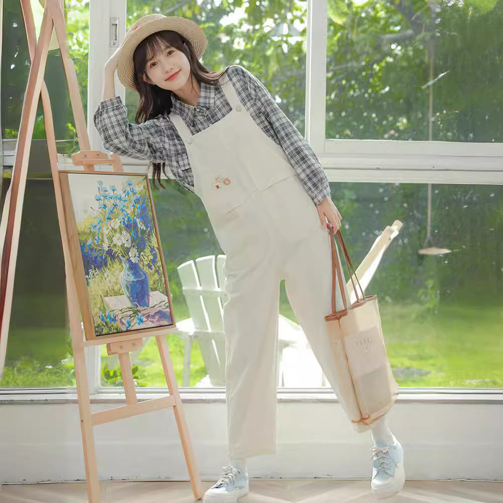 flowersverse Spring and Summer New Korean Style Preppy Style Almond White Cute Youth-Looking Loose Pockets Denim Suspender Trousers Women