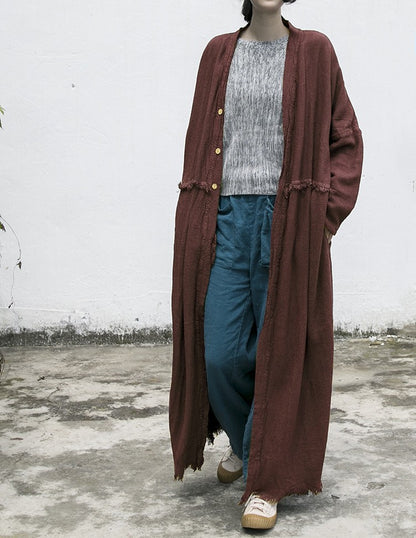 spring and autumn cotton and linen retro rough edge heavy linen cardigan purple literary travel long coat