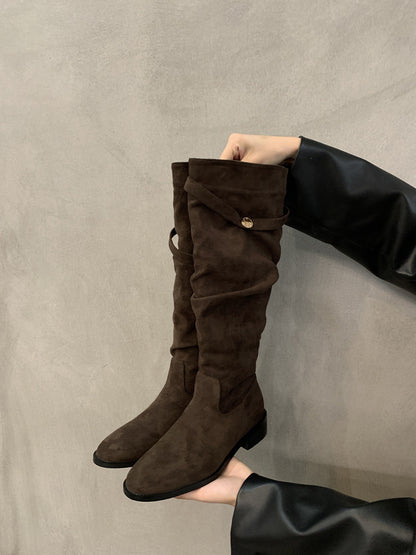 2025  Heel Pile Boots Retro Suede Black Long Women's Boots Western Boots Autumn and Winter Fleece Warm Boots Knight Boots