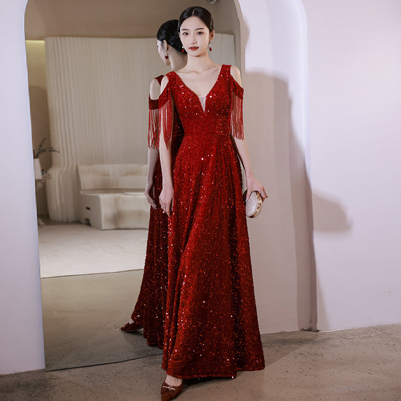 Burgundy Bridal Toast Women's 2025 New Spring Wedding Engagement Sequins Dignified Atmospheric Evening Dress Dress Large Size