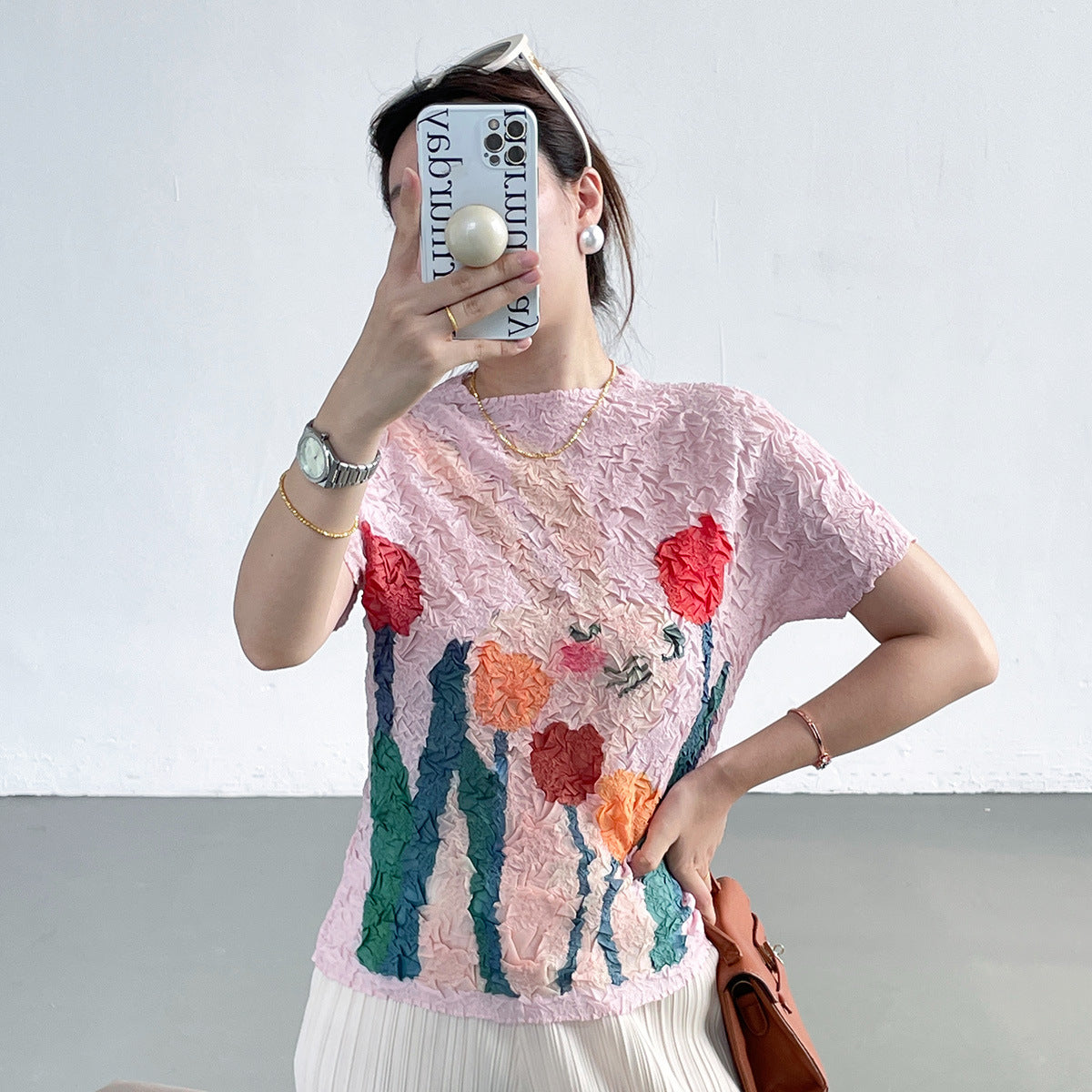 summer three-dimensional oil painting feeling flower high elastic scratch pleated anti-wrinkle short-sleeved crew neck T-shirt slim-fitting versatile top women
