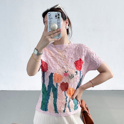 summer three-dimensional oil painting feeling flower high elastic scratch pleated anti-wrinkle short-sleeved crew neck T-shirt slim-fitting versatile top women