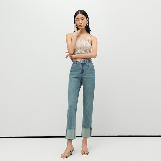 2025 In summer, Xinjiang long-staple cotton micro-elastic stylish flanged straight-leg pants high-definition women's denim nine-point pants are sent on behalf of others