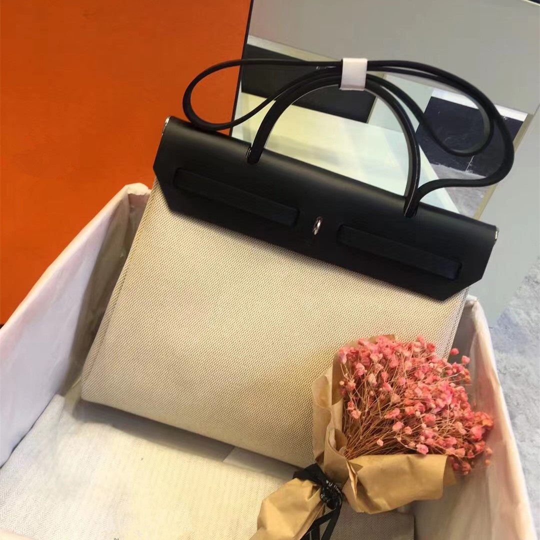 FLOWERSVERSE 2025 Handmade wax thread herbag leather inner seam Kelly bag Cowhide canvas color matching contrasting handbag One shoulder messenger bag