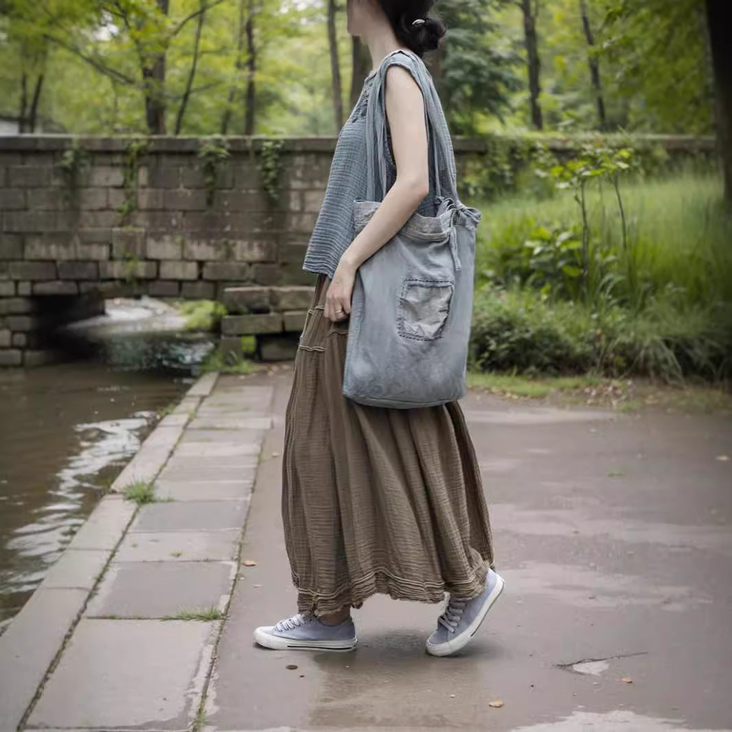 Shan Qian Nian One Four Seasons Literary and Skin-friendly Soft Retro Skirt Combed Textured Cotton Versatile Clip Skirt