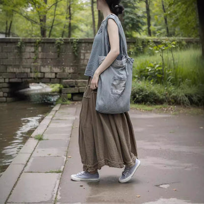 Shan Qian Nian One Four Seasons Literary and Skin-friendly Soft Retro Skirt Combed Textured Cotton Versatile Clip Skirt