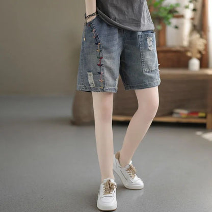 flowersverse Denim Shorts Women's Summer  New Pants Women's Casual Loose Hole Embroidery Stitching Thin Wide-Leg Pants