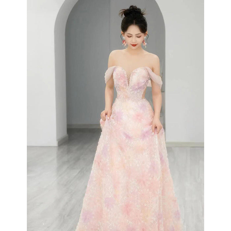 Pink toast dress bride 2025 new morning robe dress women's light luxury niche high-end host tube top evening dress